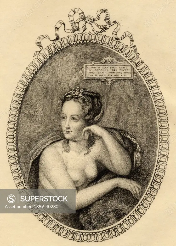 Diane de Poitiers, 1499-1566. French mistress of king Henri II of France.From the original etching by Mercier. From the book ' Lady Jackson's Works, V. The Court of France, I' Published London 1899.