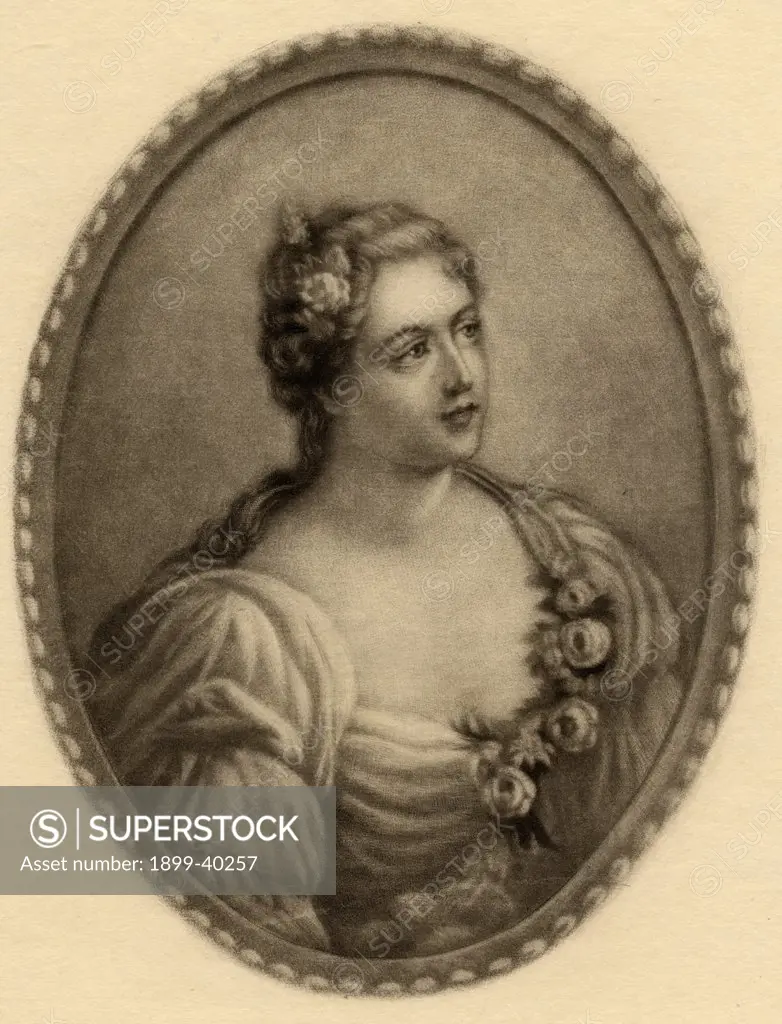 Madame de Parabere,  - 1759. French courtesan mistress of Philippe Duc d'Orleans. Mezzotint by G.W.H. Ritchie. From the book ' Lady Jackson's Works, III. The Old Regime I, Court, Salons, and Theatres' Published London 1899.