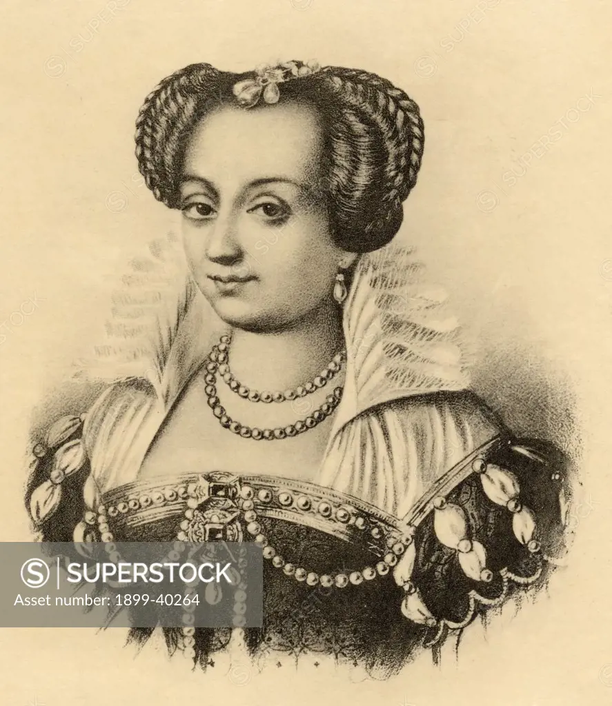 Margeurite de Valois, Queen Margot, 1553-1615. 1st wife of Henry IV, daughter of Henry II of France and Catherine de Medicis. Photo-etching from an old print. From the book ' Lady Jackson's Works, VII. The Last of the Valois I' Published London 1899