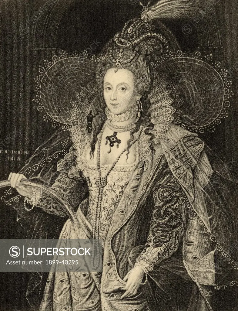 Elizabeth I, 1533-1603. Queen of England 1558-1603. Photo-etching from painting by Zucchero. From the book ' Lady Jackson's Works X. The First of the Bourbons II' Published London 1899.