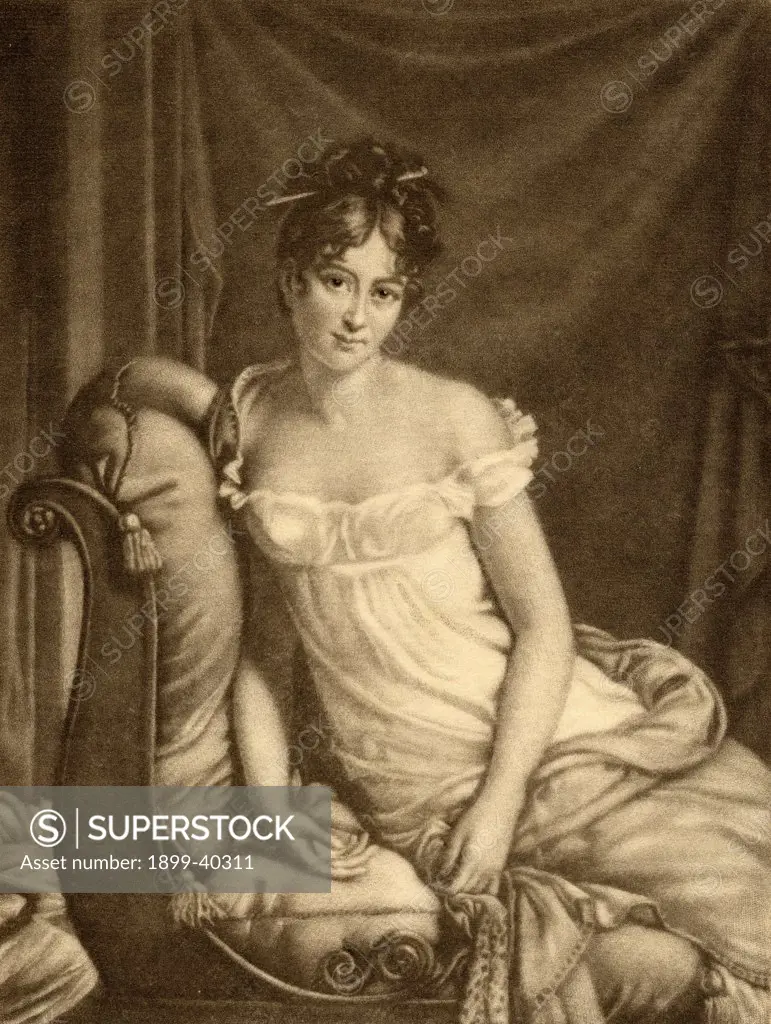 Madame Recamier, Jeanne Francoise Julie Adelaide Bernard, Mme Recamier aka Juliette(1777-1849) Celebrated French beauty.Mezzotint by G.W.H.Ritchie. From the book ' Lady Jackson's Works XIV. The Court of the Tuileries II' Published London 1899.