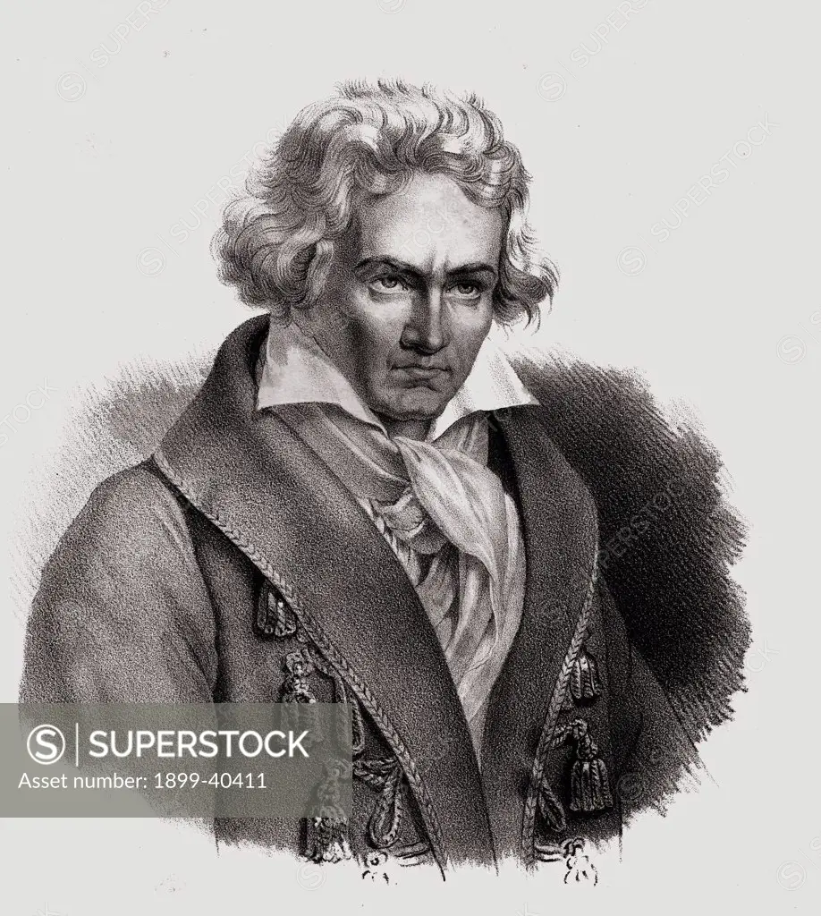 Ludwig Von Beethoven. Baptized on December 17, 1770- 1827 German composerand pianist 19th century lithograph by Em. Baerentzen & Co.From the book ""Figaro. Journal of Literature,Art and Music"" by Georg Garstensen. Published 1841.