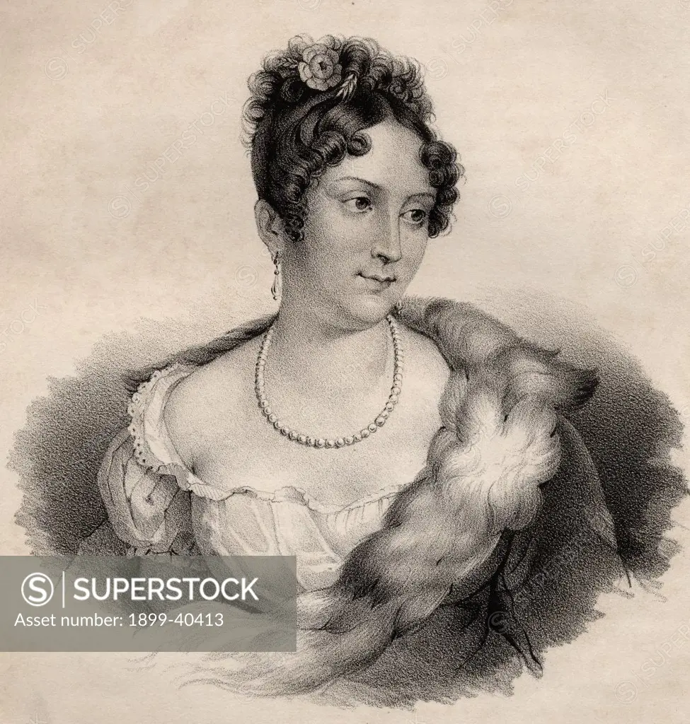 Mademoiselle Mars, Anne-Francoise-Hippolyte Boutet, 1779-1847. French actress at the Comedie-Francaise. 19th century lithograph by Em. Baerentzen & Co.From the book ""Figaro. Journal of Literature,Art and Music"" by Georg Garstensen. Published 1841.