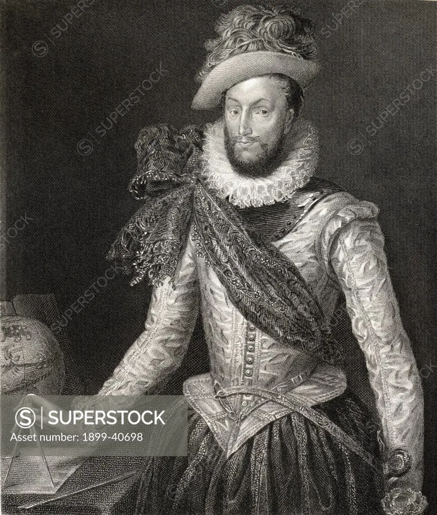 Sir Walter Raleigh c1554-1618. English adventurer and writer. From the book 'Lodge's British Portraits' published London 1823.