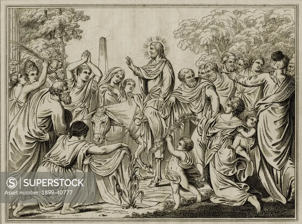 Christ's entry into Jerusalem.19th century print from a painting by Schiavoni, engraved by H. Moses.Published by the Society for promoting Christian Knowledge, January 1816.