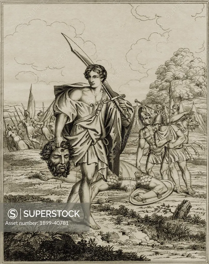 David with head of Goliath. 18th century print from a painting by Carlo Marratti, engraved by H. Moses. Published by the Society for promoting Christian Knowledge,May 1815