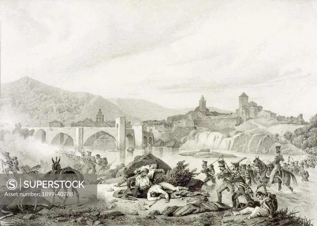 French troops attack Bezalu (Besalu) Girona, Spain during the Napoleonic Wars in 1808. 19th century lithograph by Engelmann after Langlois