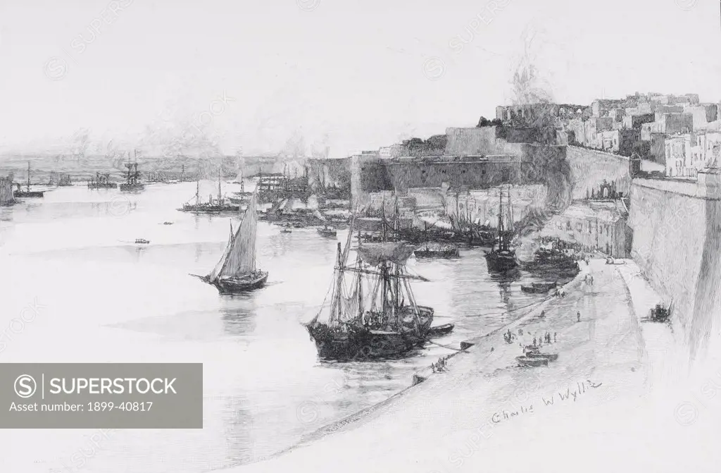 The Quays of the Grand Harbour at Valletta, Malta, by Charles William Wyllie (1859-1923) from ""The Picturesque Mediterranean"" circa 1890