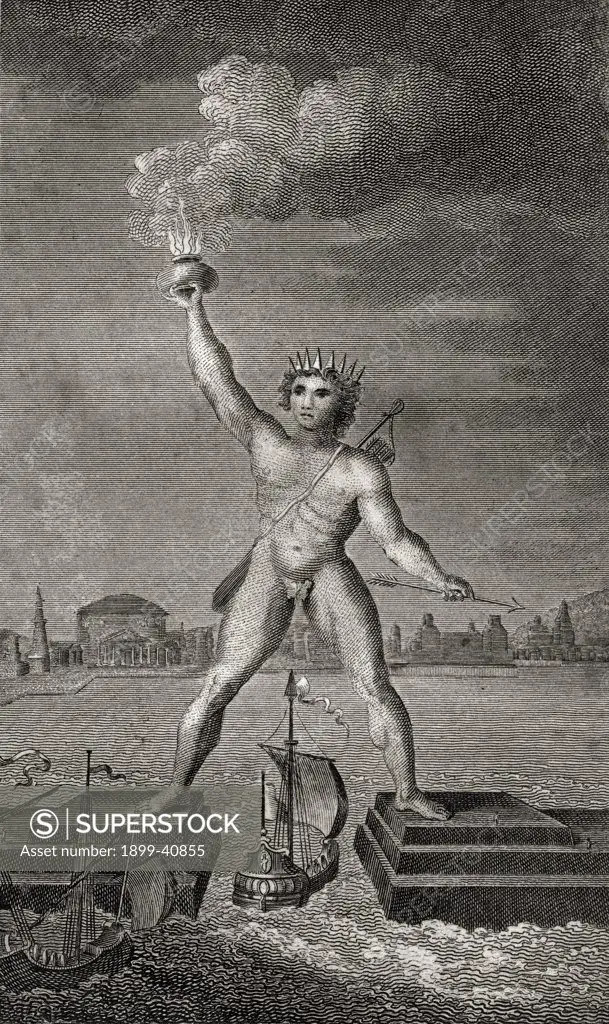 The Colossus of Rhodes. Engraved by Angus. From the book ""The Gallery of Nature and Art"" volume II. Published London c.1823.