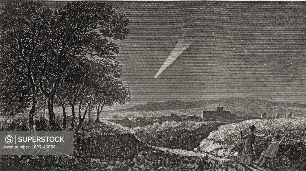The Comet of 1811. As seen at daybreak the 15th October from Otterbourne Hill, near Winchester. Engraved by H.R.Cook after Pether.From the book ""The Gallery of Nature and Art"" volume II. Published London c.1823.