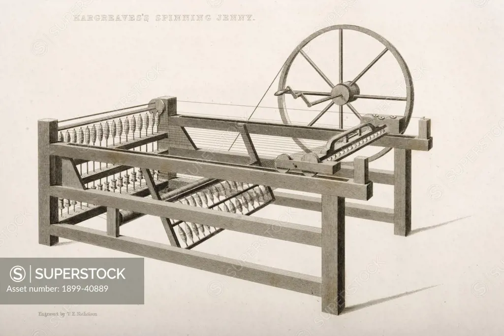 Hargreave's Spinning Jenny. Engraved by T.E. Nicholson in 1830s
