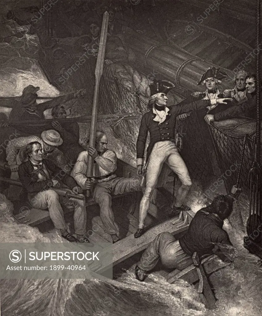 Lieut.Nelson volunteering to board a prize in violent gale. Horatio Nelson,Lord Nelson,Viscount Nelson, 1758-1805. British naval commander. Illustration by Westall. From the book ""The Life of Nelson"" by Robert Southey published London, 1883.