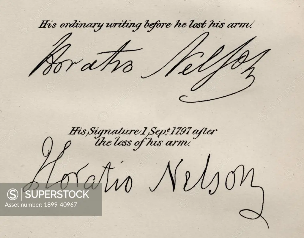 Lord Nelsons' signatures. Horatio Nelson,Lord Nelson,Viscount Nelson, 1758-1805. British naval commander. Illustration by Westall. From the book ""The Life of Nelson"" by Robert Southey published London, 1883.