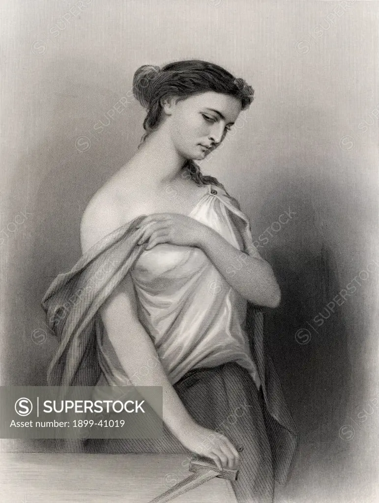 Lucretia, Roman heroine who comitted suicide after being raped. Engraved by B. Eyles after G Staal. From the book ""World Noted Women"" by Mary Cowden Clarke, published 1858.