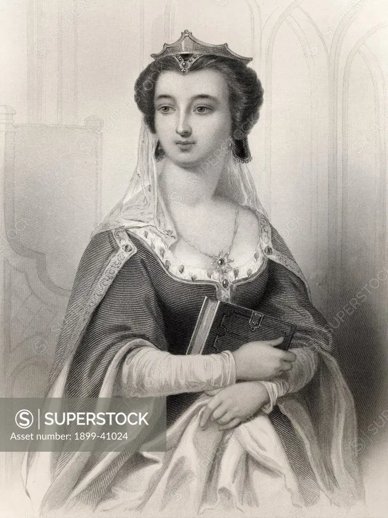 Valentina Visconti, aka Valentine de Milan, 1371 - 1408. Italian wife of Louis de Valois Duke of Orleans. Engraved by W.J. Edwards after G Staal. From the book ""World Noted Women"" by Mary Cowden Clarke, published 1858.
