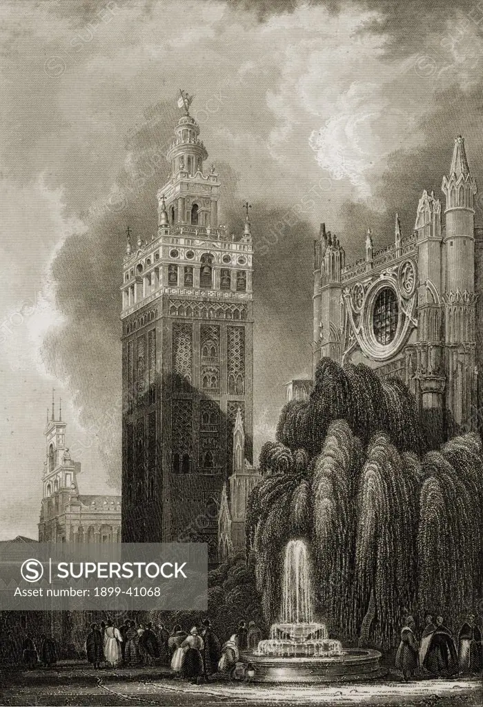 Seville, Spain. Giralda Tower. 19th century print. Engraved by B. Metzeroth