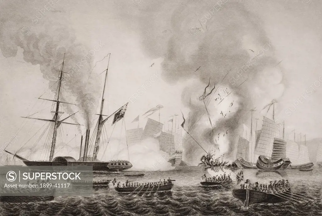 The Hon. East India Company's steamer Nemesis and the boats of The Sulpher, Calliope,Larne and Starling destroying the Chinese war junks in Anson's Bay. January 7, 1841. Engraved by G.Greatbach after G.W. Terry. From England's Battles by Sea and Land by Lieut Col Williams, The London Printing and Publishing Company circa 1890s