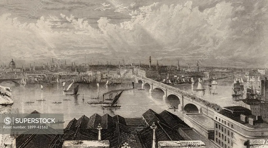 London from the tower of Saint Saviours.19th century print drawn and engraved by W.B.Scott.