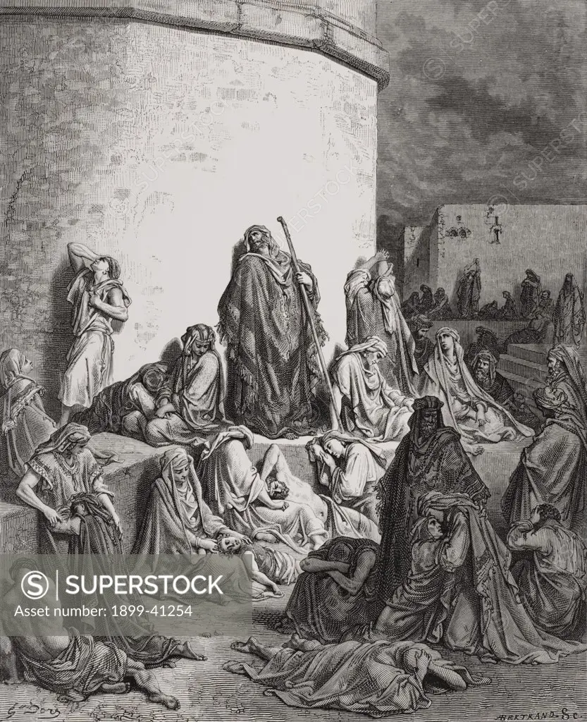 Engraving from The Dore Bible illustrating Lamentations i 1 and 2 The People Mourning over the Ruins of Jerusalem by Gustave Dore 1832-1883 French artist and illustrator