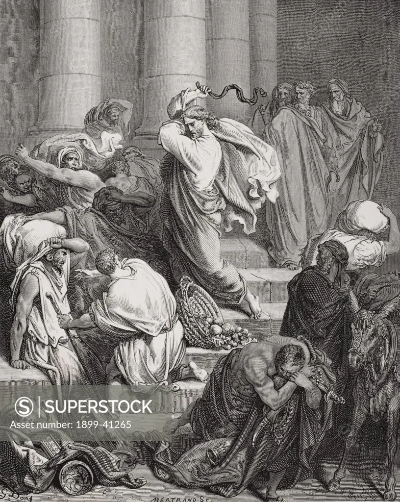 Engraving from The Dore Bible illustrating Luke xix 45 and 46 The Buyers and Sellers Driven Out of the Temple by Gustave Dore 1832-1883 French artist and illustrator