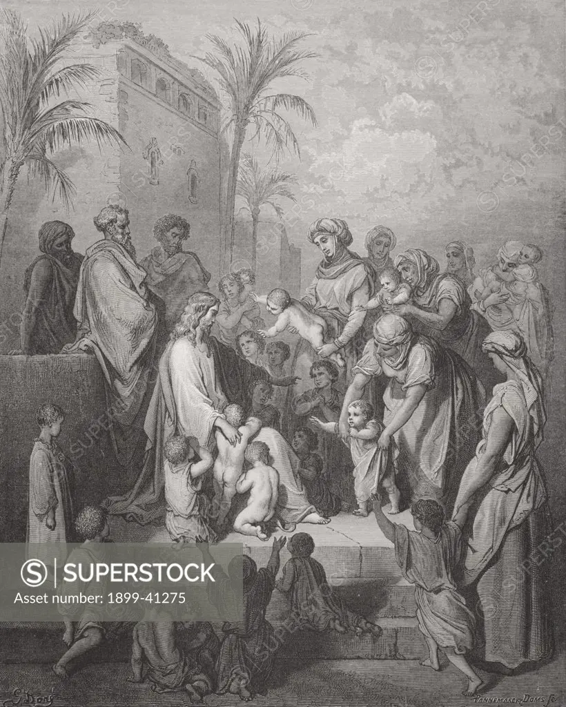 Engraving from The Dore Bible illustrating Mark x 13 to 16 Jesus Blessing the Children by Gustave Dore 1832-1883 French artist and illustrator