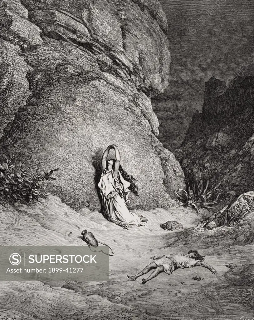 Engraving from The Dore Bible illustrating Genesis xxi 14 to 19 Hagar and Ishmael in the Desert by Gustave Dore 1832-1883 French artist and illustrator