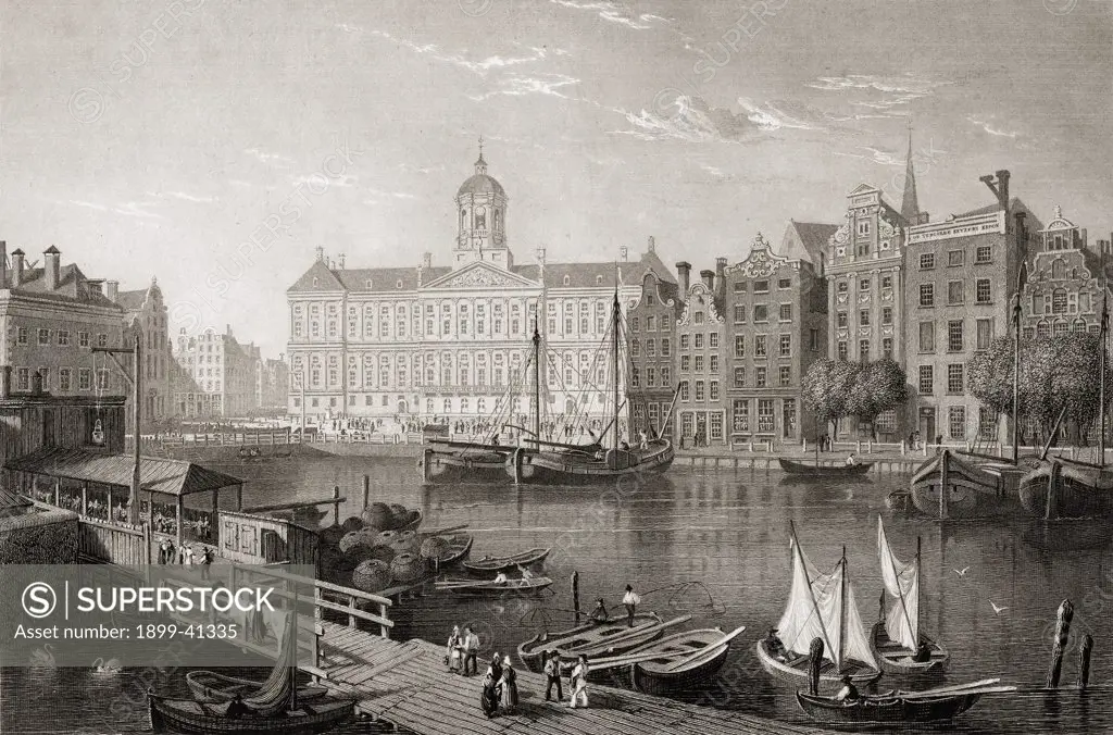 Amsterdam, The Damrak Palace. From the original painting by Lt. Col. Batty F.R.S. from the book 'Select Views of some of the Principal Cities of Europe' published London 1832. Engraved by R. Brandard.