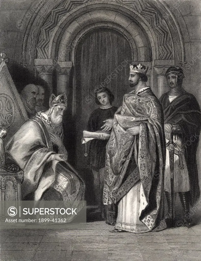Henry II presenting the Pope's bull to the Archbishop of Cashel. Drawn by H.Warren engraved by G. Greatbach