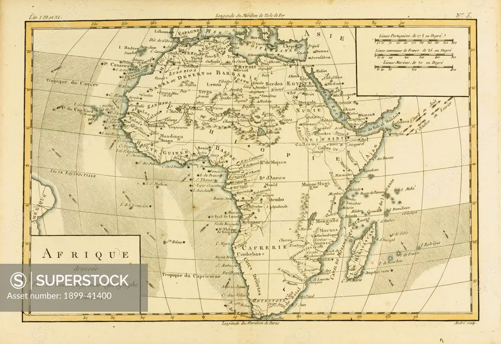 Map of Africa, circa.1760. From 'Atlas de Toutes Les Parties Connues du Globe Terrestre ' by Cartographer Rigobert Bonne. Published Geneva circa. 1760.
