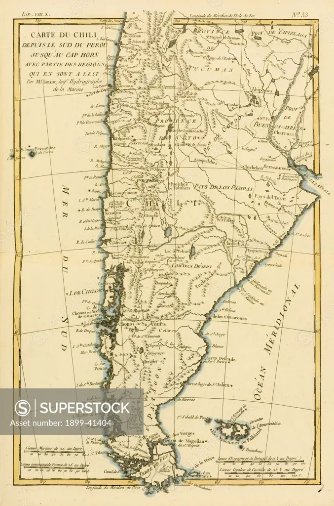 Map of Chile and southern Peru to Cape Horn, circa.1760. From 'Atlas de Toutes Les Parties Connues du Globe Terrestre ' by Cartographer Rigobert Bonne. Published Geneva circa. 1760.