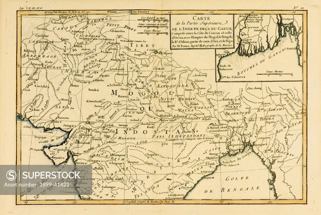 Map of Northern India, circa.1760. From 'Atlas de Toutes Les Parties Connues du Globe Terrestre ' by Cartographer Rigobert Bonne. Published Geneva circa. 1760.