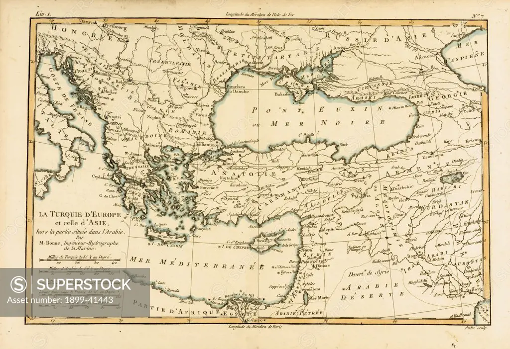 Map of Turkey and Middle East, circa. 1760. From 'Atlas de Toutes Les Parties Connues du Globe Terrestre ' by Cartographer Rigobert Bonne. Published Geneva circa. 1760.