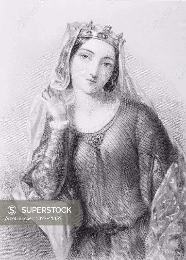 Isabella of Angouleme,1188-1246. Queen of King John of England. Engraved by B. Eyles after A. Bonvier. From the book ""The Queens of England, Volume I"" by Sydney Wilmot. Published London circa. 1890