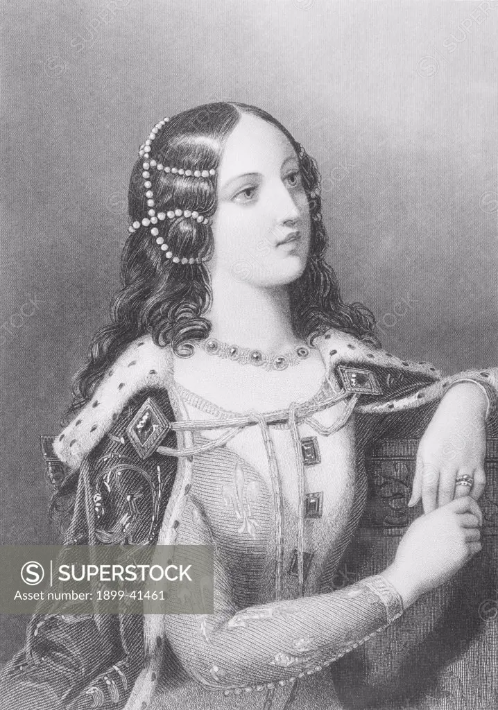 Isabella of Valois, 1389-1409. Second wife of King Richard II of England. Engraved by W.H.Mote after E.Corbould. From the book ""The Queens of England, Volume I"" by Sydney Wilmot. Published London circa. 1890.
