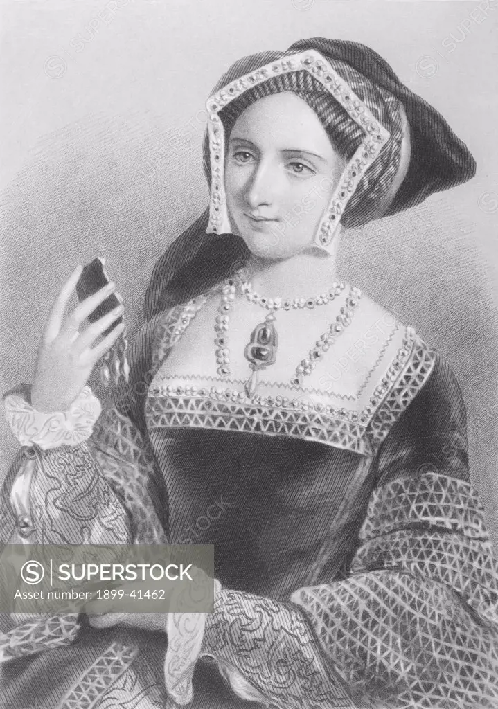 Jane Seymour, 1509-1537.Third wife of Henry VIII of England. Engraved by P.Evles after J.W.Wright.From the book ""The Queens of England, Volume II"" by Sydney Wilmot. Published London circa. 1890.
