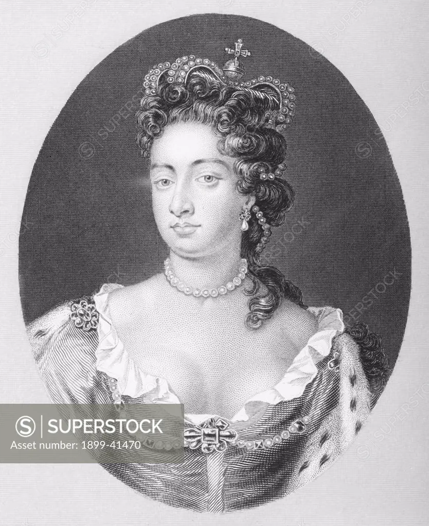 Queen Anne, 1665-1714 queen of Great Britain from 1702 to 1714. Second daughter of James II From the book ""The Queens of England, Volume II"" by Sydney Wilmot. Published London circa. 1890.