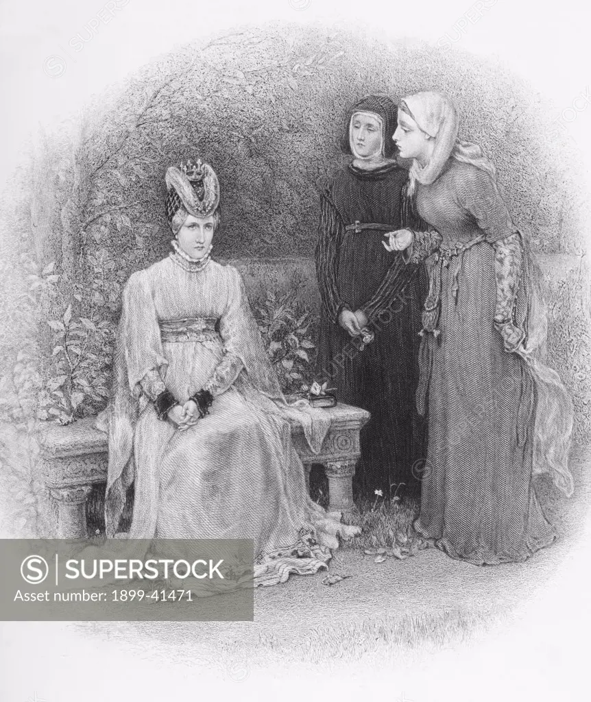 Queen Isabella and her ladies.Isabella of Valois, 1389-1409. Second wife of King Richard II of England.From the book ""The Queens of England, Volume II"" by Sydney Wilmot. Published London circa. 1890.