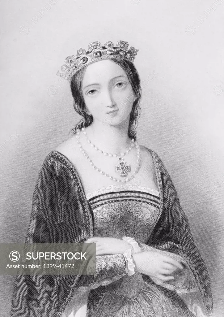 Queen Mary I, aka Mary Tudor, byname Bloody Mary,1516-1558. First Queen to rule England in her own right.Engraved by W.H.Egleton after A.Bouvier.From the book ""The Queens of England, Volume II"" by Sydney Wilmot. Published London circa. 1890.