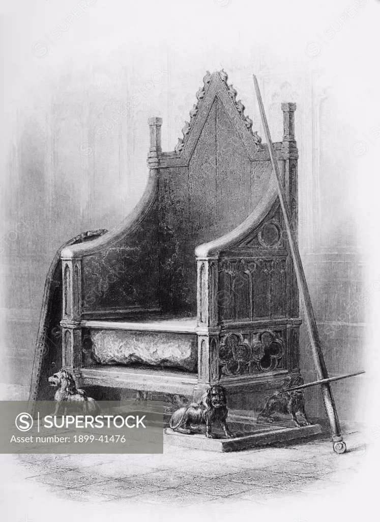 The Coronation Chair in Westminster Abbey. Made for King Edward I to enclose the famous Stone of Scone in 1300-l. From the book ""The Queens of England, Volume I"" by Sydney Wilmot. Published London circa. 1890