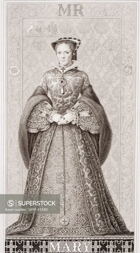 Queen Mary, 1516-1558. Engraved by Engraved by T. Brown after J.L. Williams. From the book 'Illustrations of English and Scottish History' Volume 1
