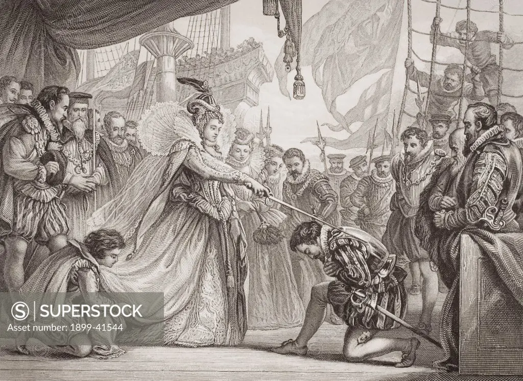 Queen Elizabeth I knighting Drake on board The Golden Hind at Deptford, 4th April 1581. Engraved by F. Fraenkel after Sir. John Gilbert. From the book 'Illustrations of English and Scottish History' Volume 1