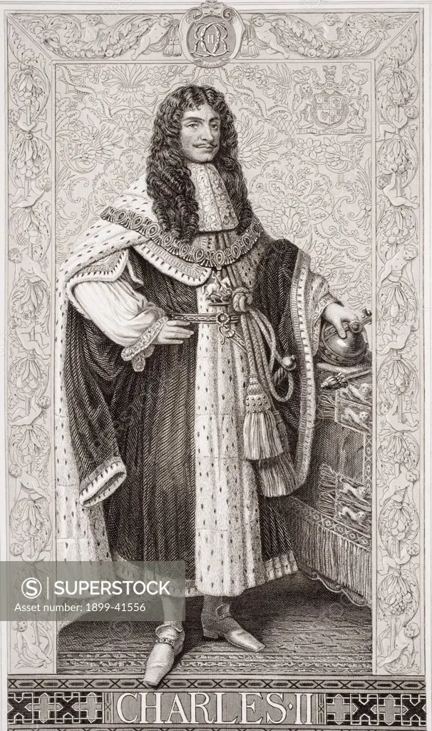 Charles II aka The Merry Monarch,1630-1685. King of Great Britain and Ireland. Engraved by H. Bourne, drawn by J.L. Williams. From contemporary engravings by Becket and Loggan after Sir Godfrey Kneller. From the book 'Illustrations of English and Scottish History' Volume II
