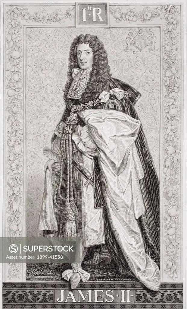 James II, aka Duke of York, 1633-1701 King of Great Britain 1685-1688. Engraved by T.Brown, drawn by J.L. Williams. From contemporary engravings by Loggan and White after Sir Godfrey Kneller and Sir Peter Lely. From the book 'Illustrations of English and Scottish History' Volume II