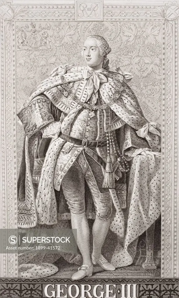 George III, 1738-1820 George William Frederick King of Great Britain and Ireland, and King of Hanover 1815-1820 Engraved by W. Ridgway drawn by J.L. Williams after Allan Ramsay.From the book 'Illustrations of English and Scottish History' Volume II