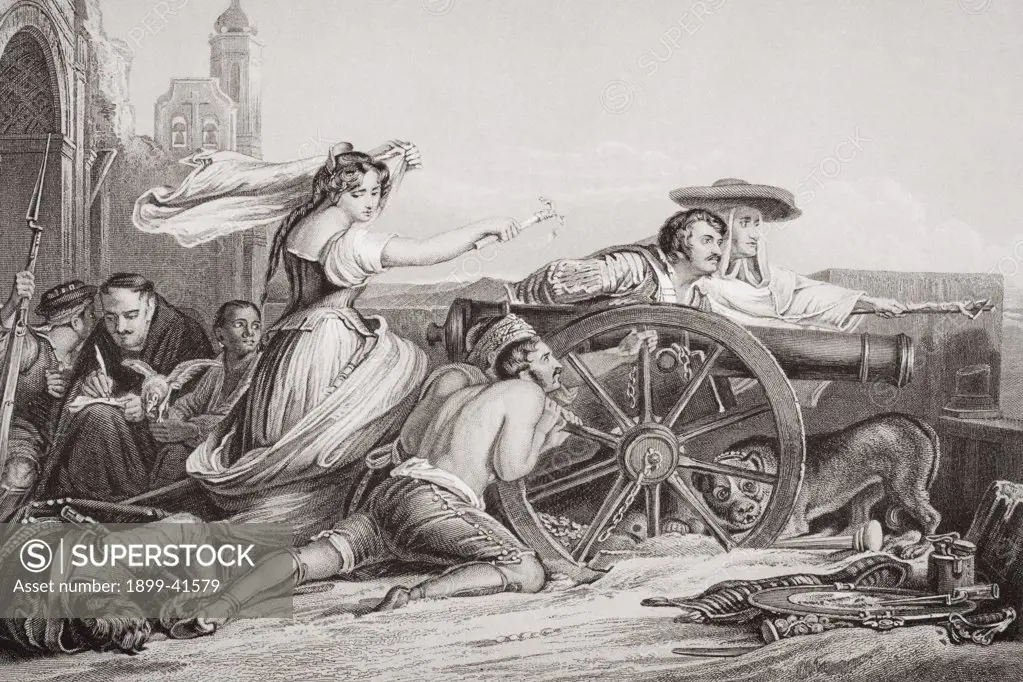 The defence of Saragossa 1808-9. Augustina the Maid of Saragossa, 1789-1858 serving in the batteries. Engraved by W.M. Lizars after Sir David Wilkie.From the book 'Illustrations of English and Scottish History' Volume II