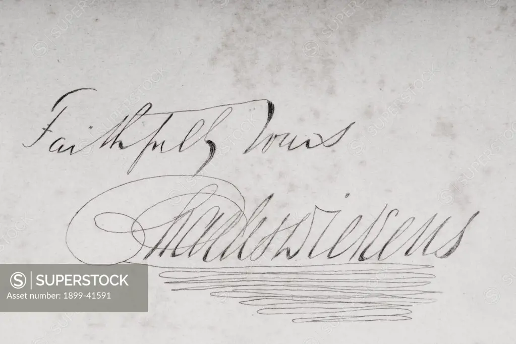 Signature of Charles Dickens, 1812-1870. From the book ""Bleak House"" by the same author. Published London 1853.