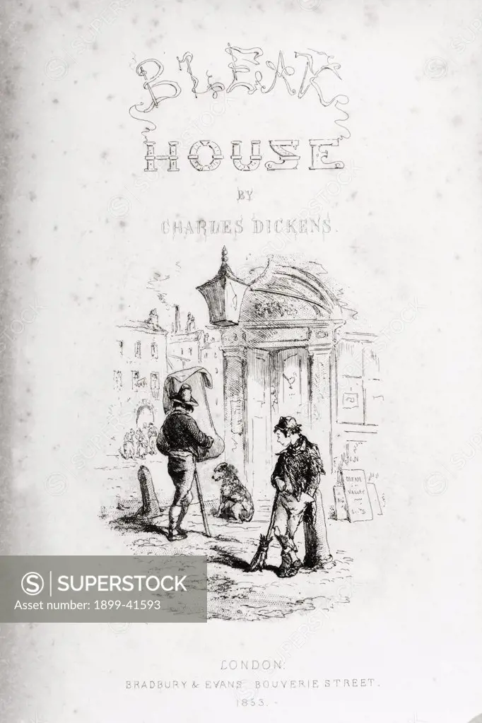 Title page of Bleak House. Illustration by Phiz (Hablot Knight Browne) 1815-1882. From the book ""Bleak House"" by Charles Dickens. Published London 1853.
