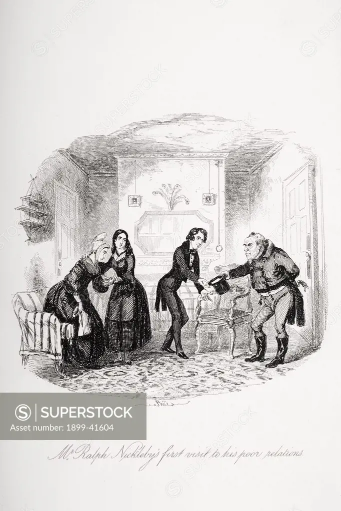 Mr. Ralph Nickleby's first visit to his poor relations. Illustration from the Charles Dickens novel Nicholas Nickleby by H.K. Browne known as Phiz