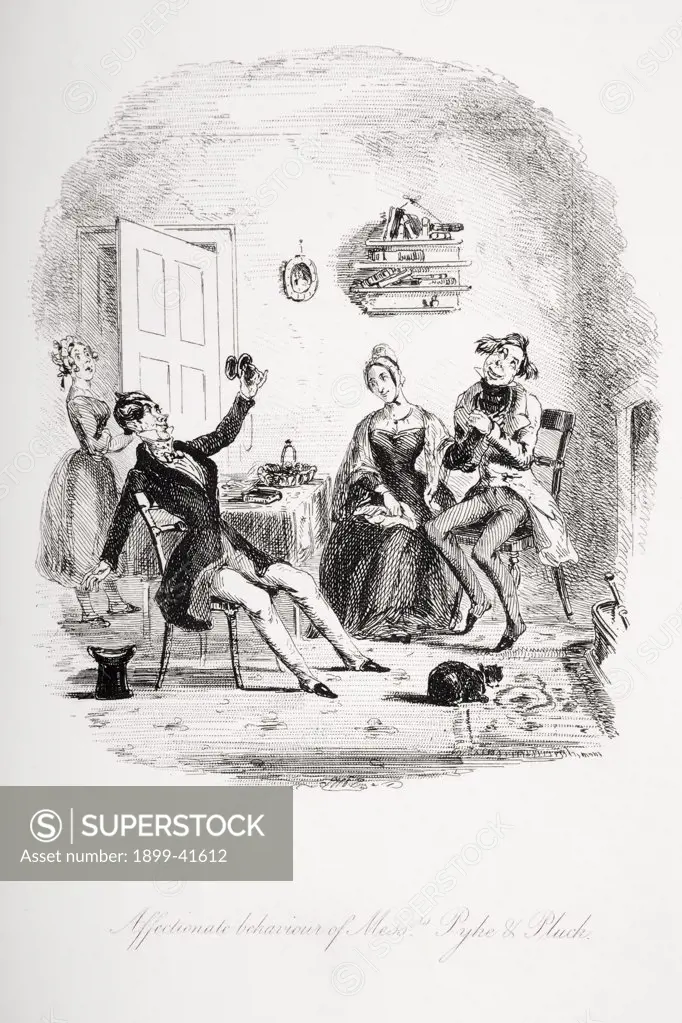Affectionate behaviour of Messrs. Pyke & Pluck. Illustration from the Charles Dickens novel Nicholas Nickleby by H.K. Browne known as Phiz