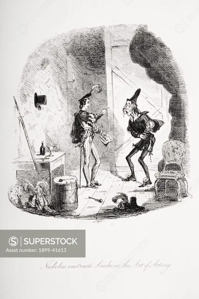 Nicholas instructs Smike in the Art of Acting. Illustration from the Charles Dickens novel Nicholas Nickleby by H.K. Browne known as Phiz